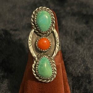 Beautiful native American turquoise coral sterling silver ring